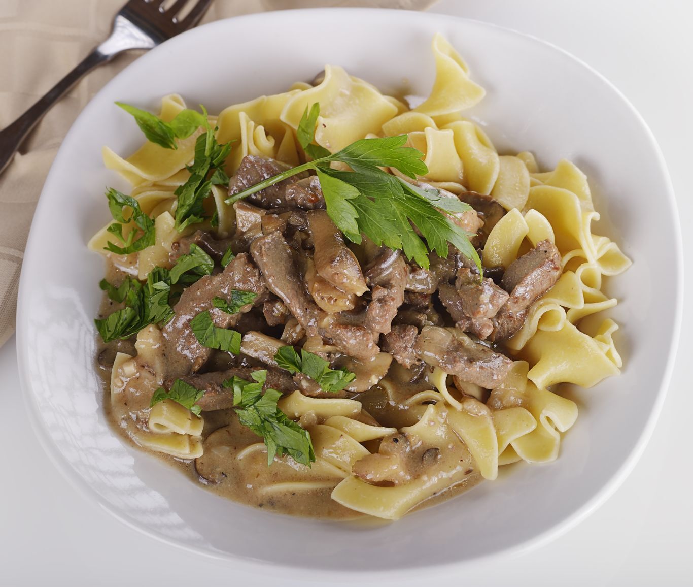Beef stroganoff with egg noodles
