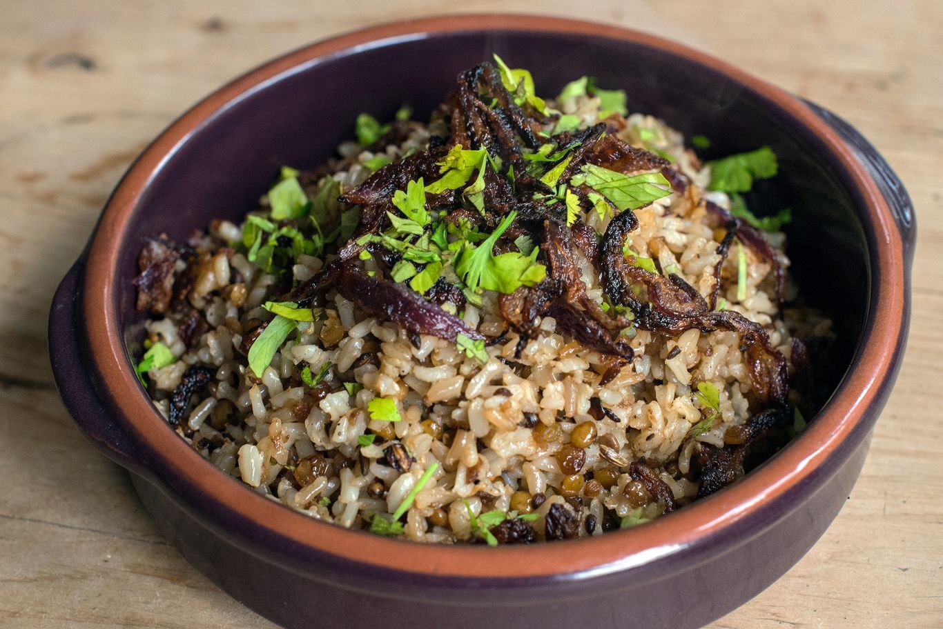 Mujadara (lentils and rice with crispy onions)